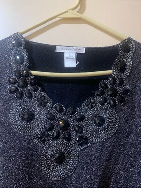 august silk black jeweled knit midi dress with metallic thread